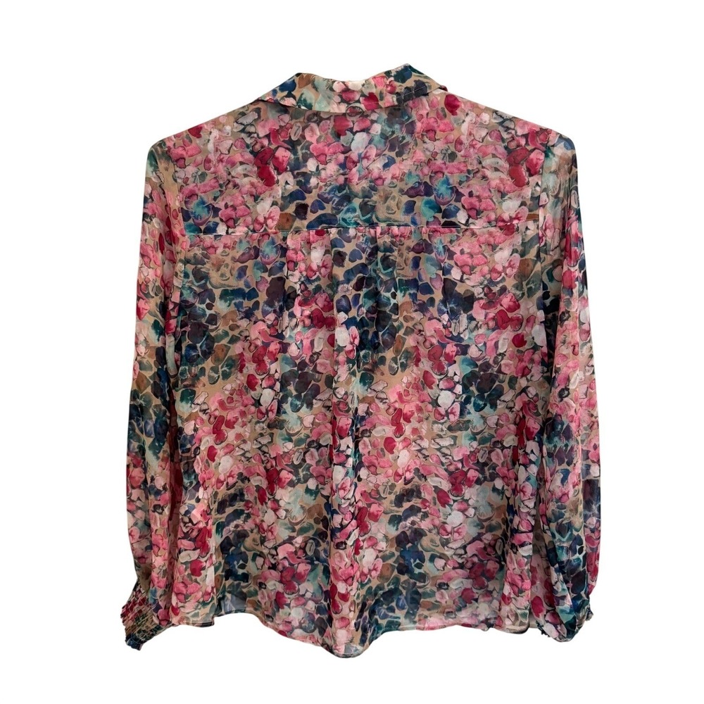 Chicos Floral Ruffle Front Blouse Pink Blue Abstract Sheer Long Sleeve Top 2 - Picture 6 of 6